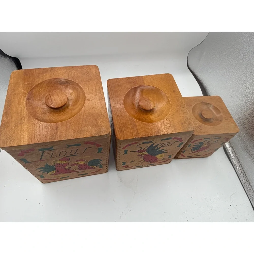 Vintage 50s Wooden Rooster Canister Set HandPainted Mid-Century Japan Kitsch